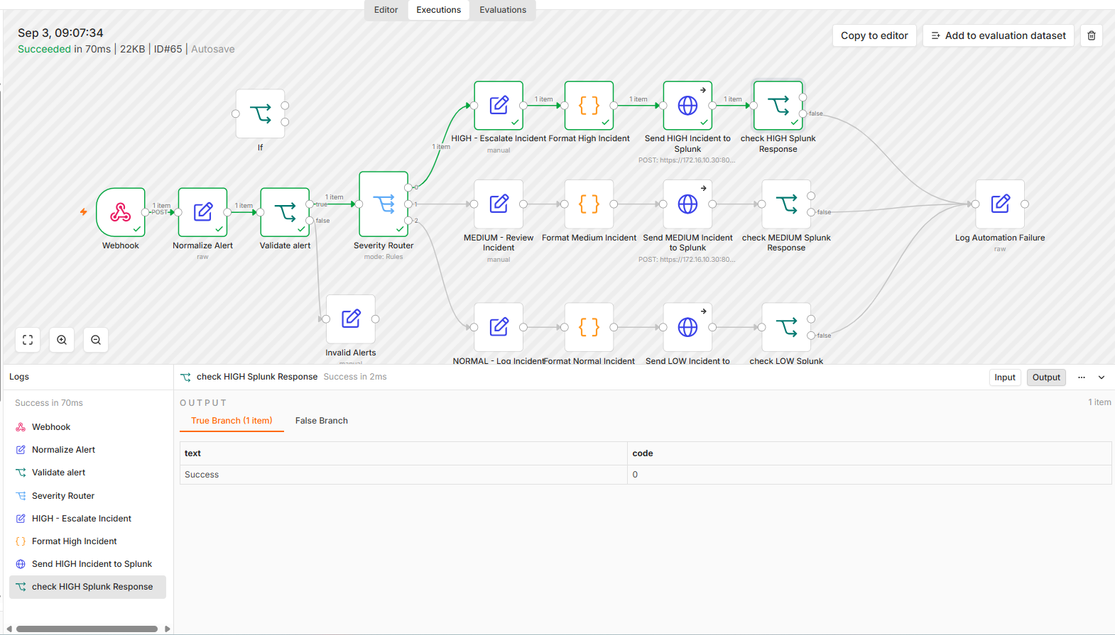 Successful n8n Splunk HEC response