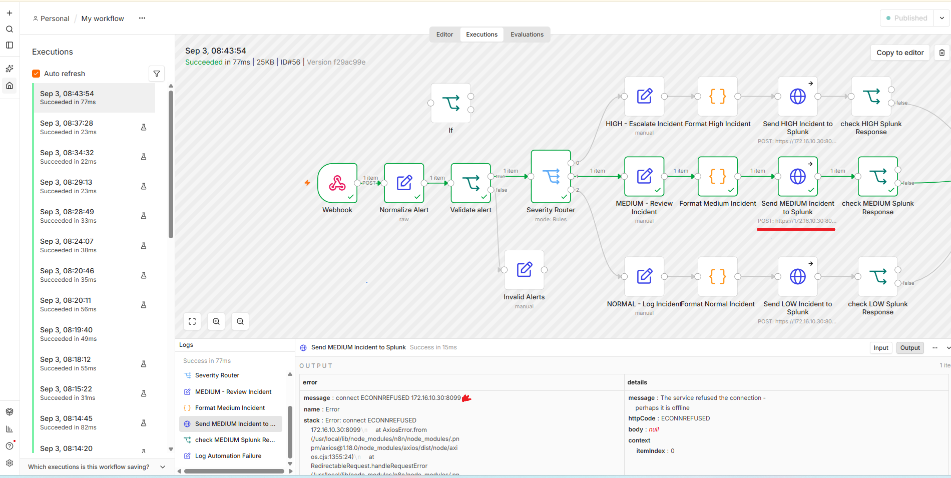 Splunk HEC connection failure during troubleshooting