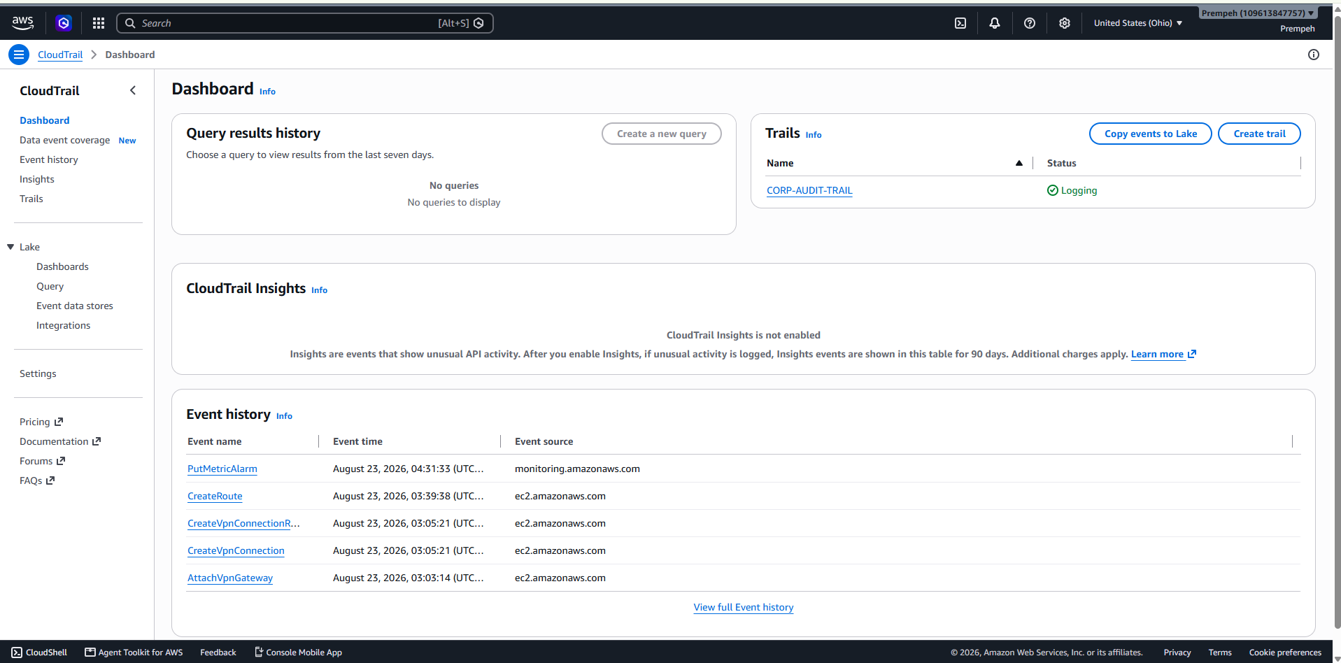 AWS CloudTrail dashboard and event history
