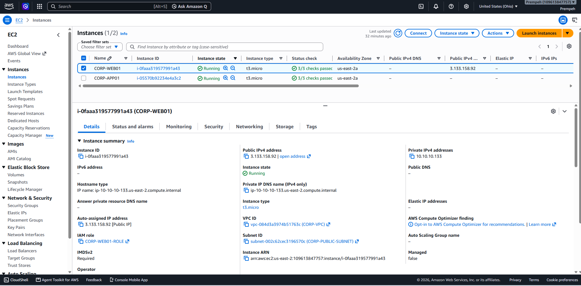 AWS EC2 instances CORP-WEB01 and CORP-APP01