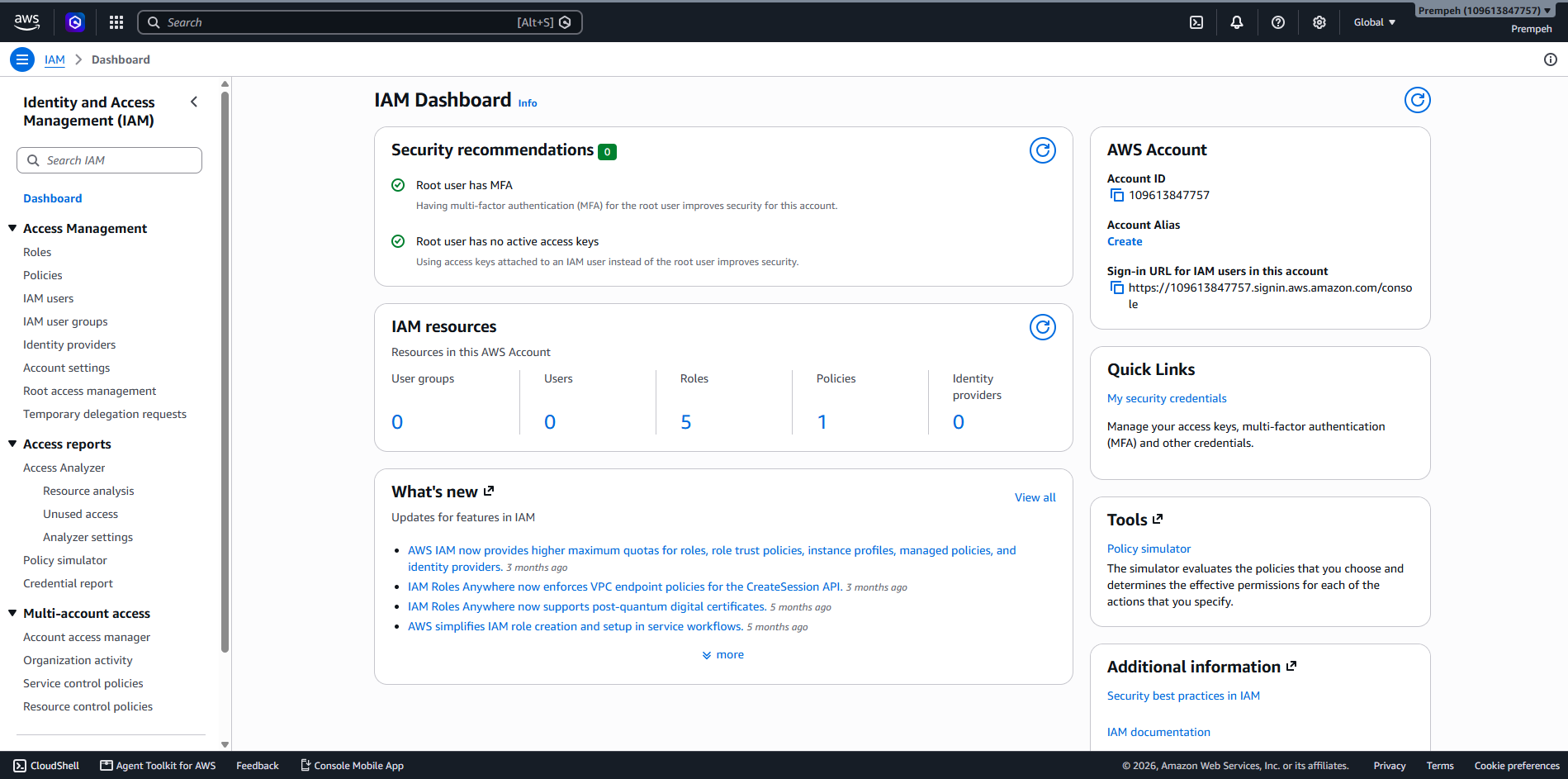 AWS IAM dashboard showing root MFA and IAM resources