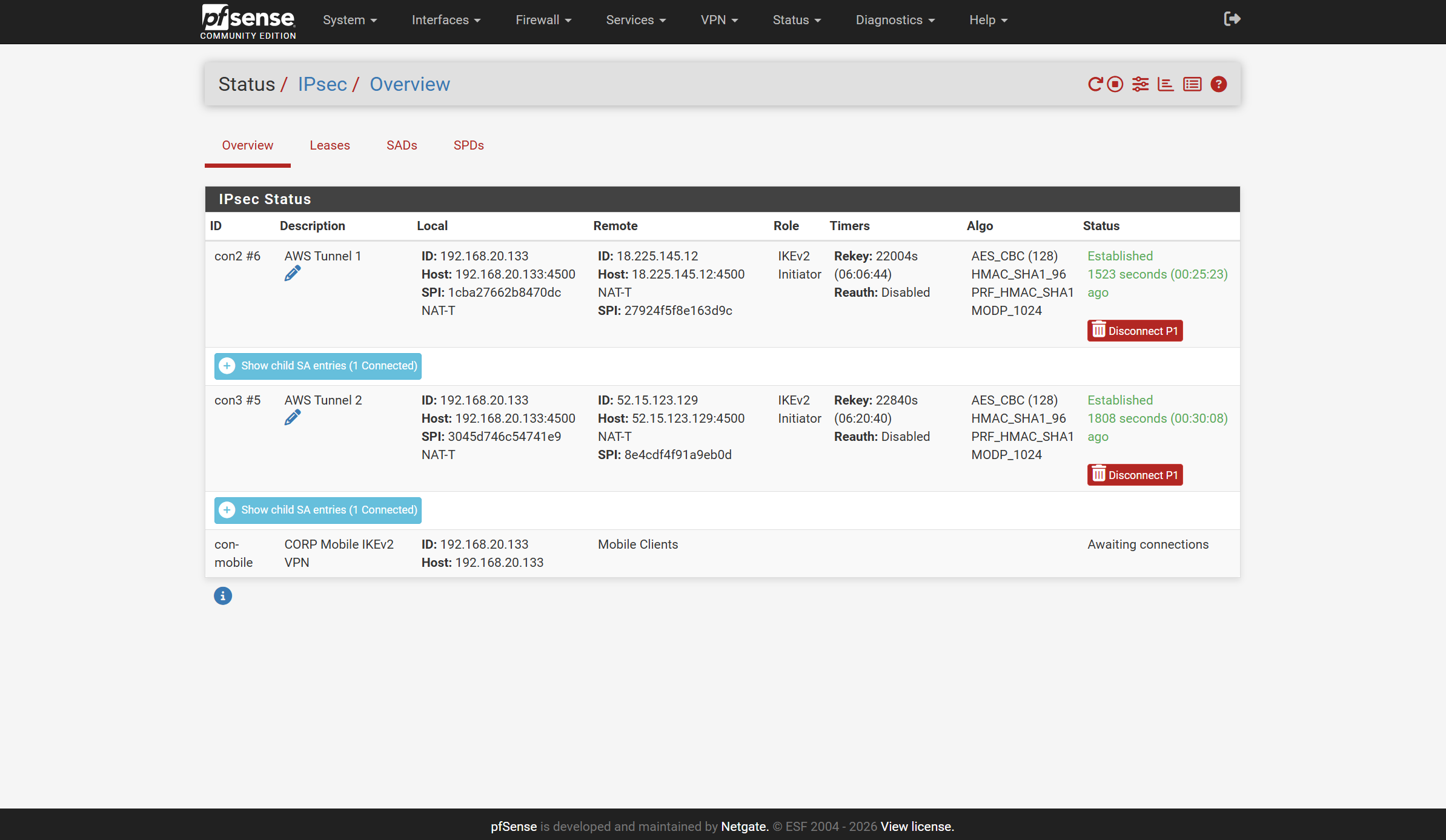 pfSense showing AWS Tunnel 1 and AWS Tunnel 2 established