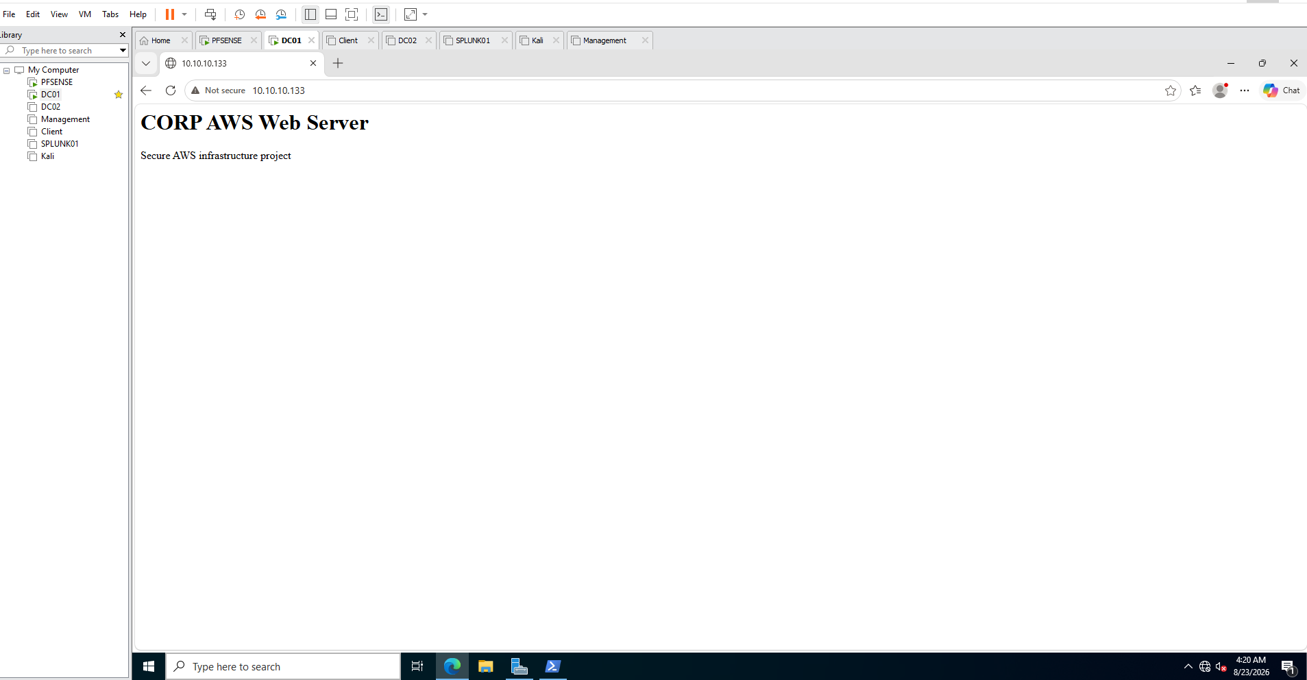 On-premises browser reaching AWS web server using private address 10.10.10.133