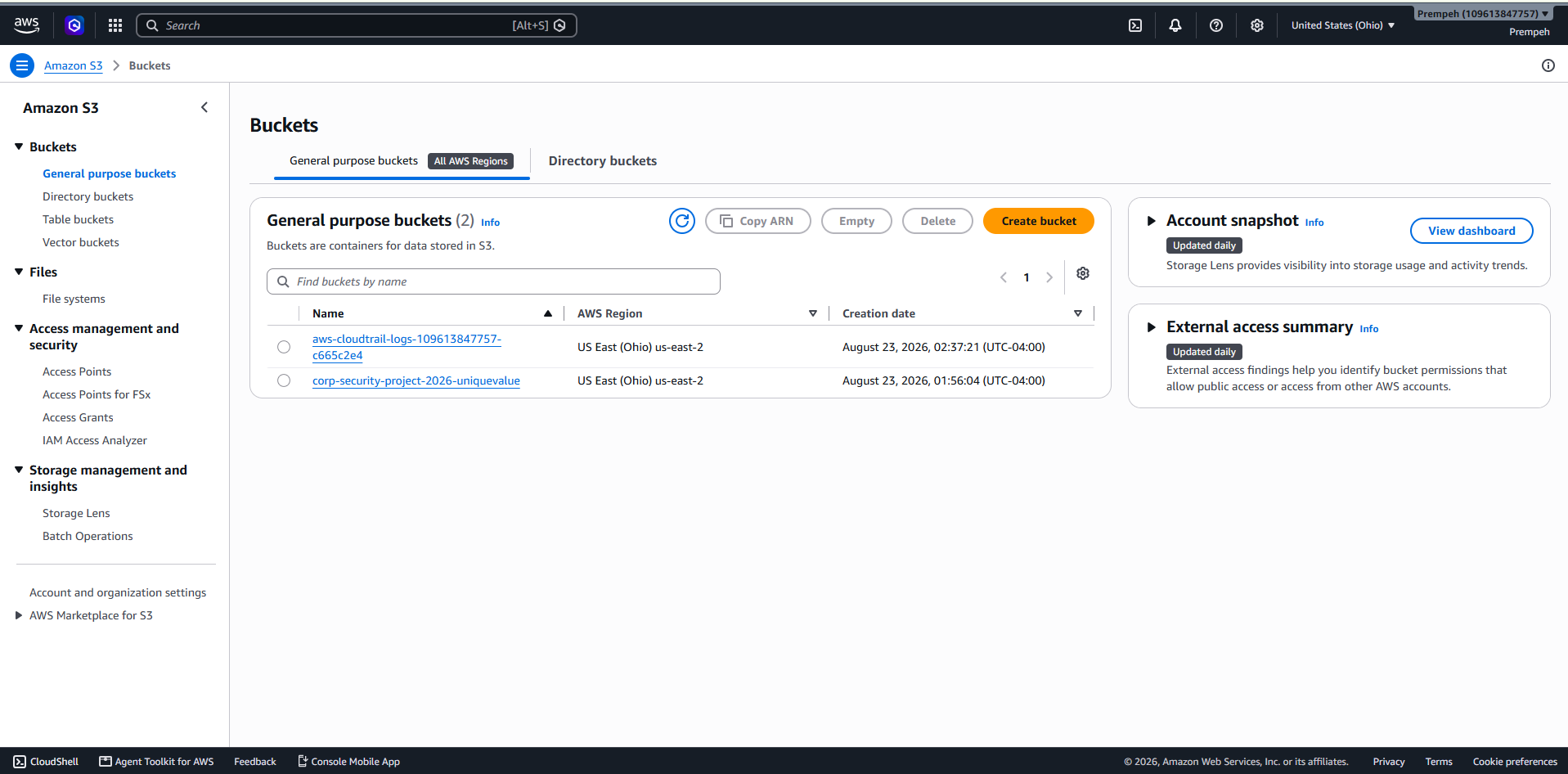 Amazon S3 buckets including CloudTrail logging bucket
