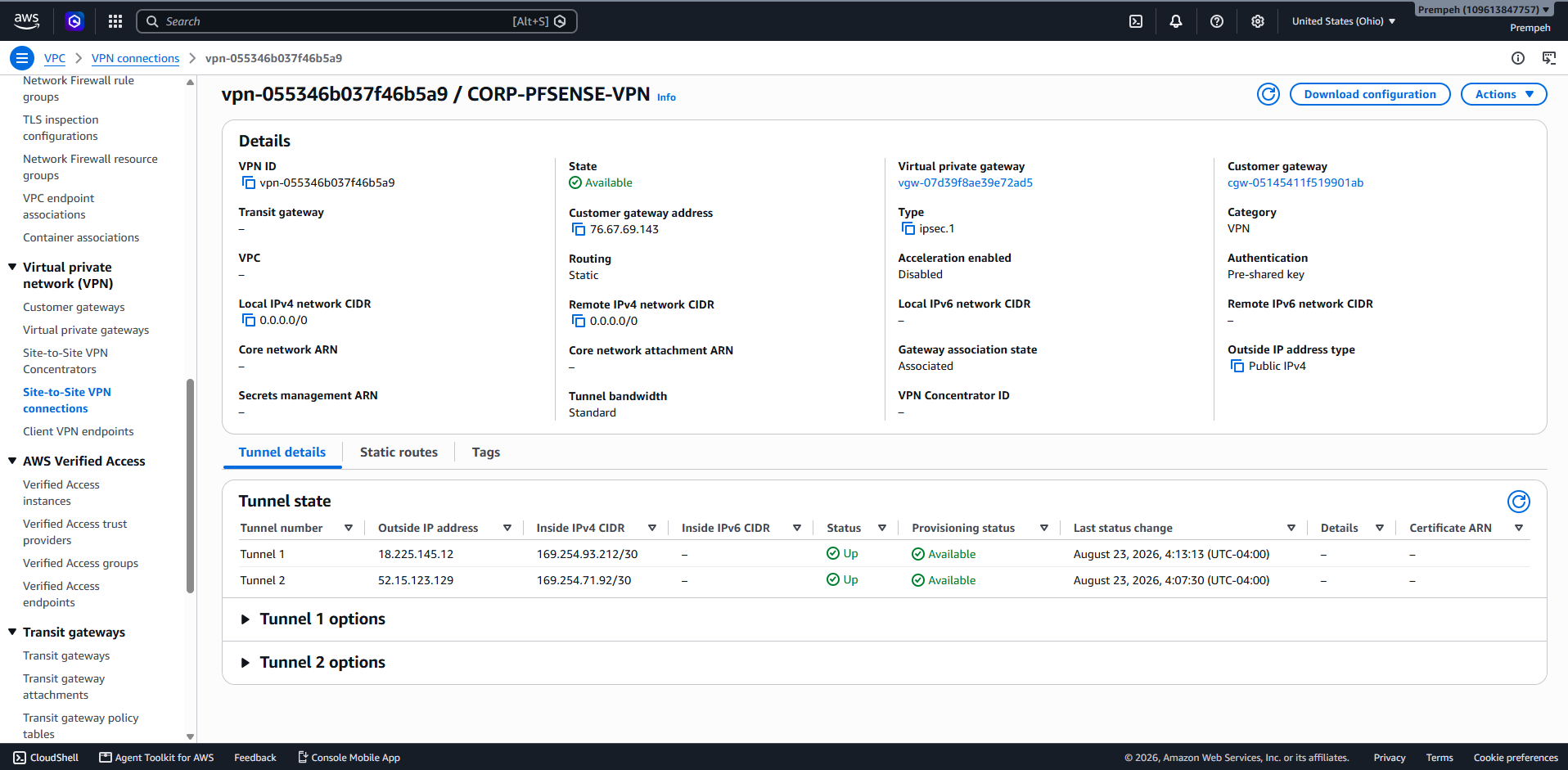 AWS Site-to-Site VPN showing both tunnels up