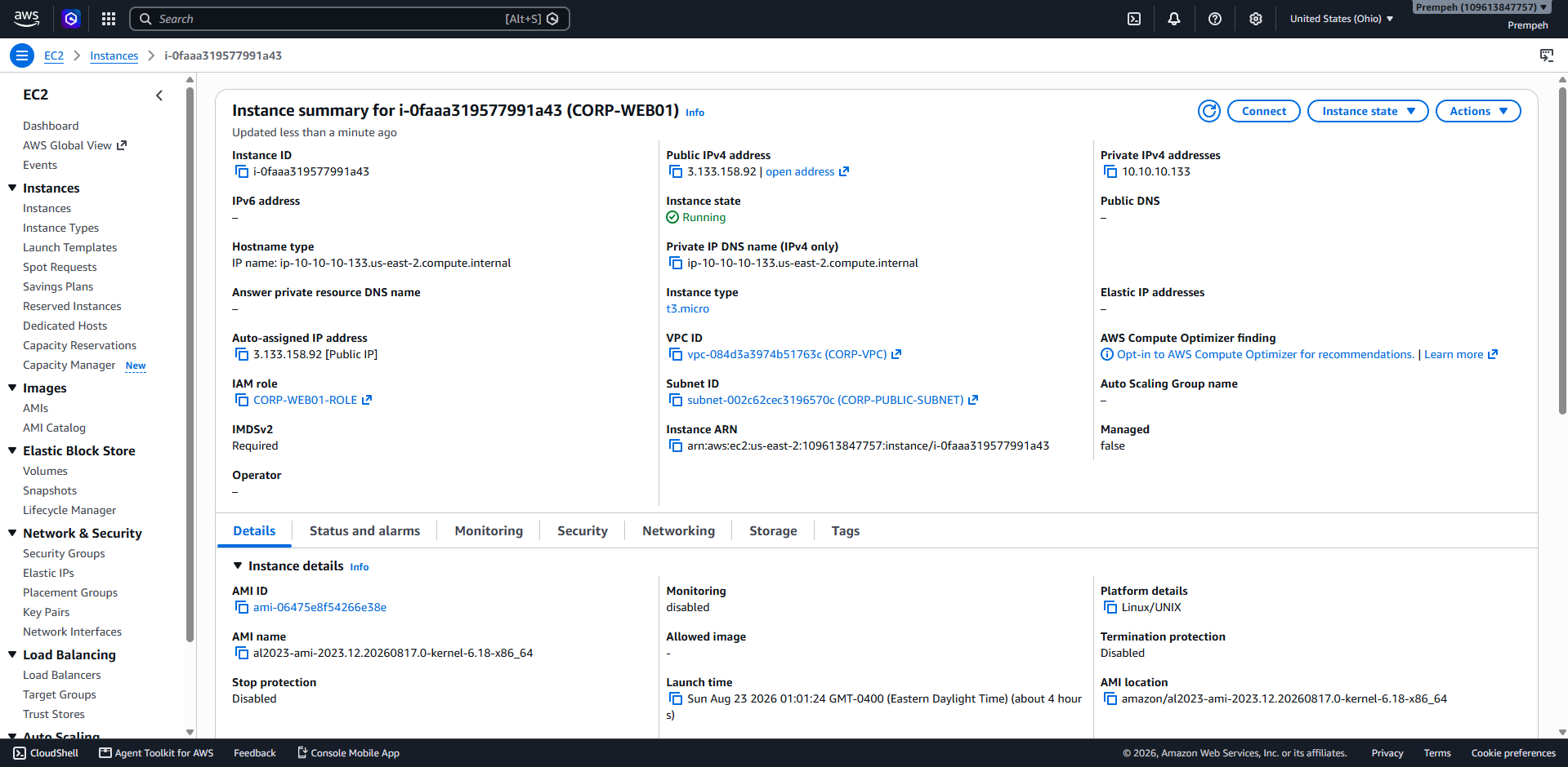 AWS EC2 CORP-WEB01 instance details