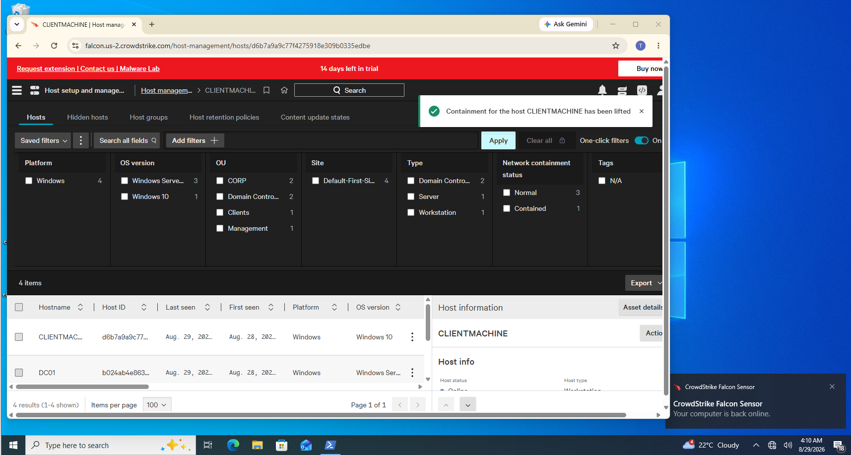CrowdStrike Falcon containment lifted and endpoint back online notification