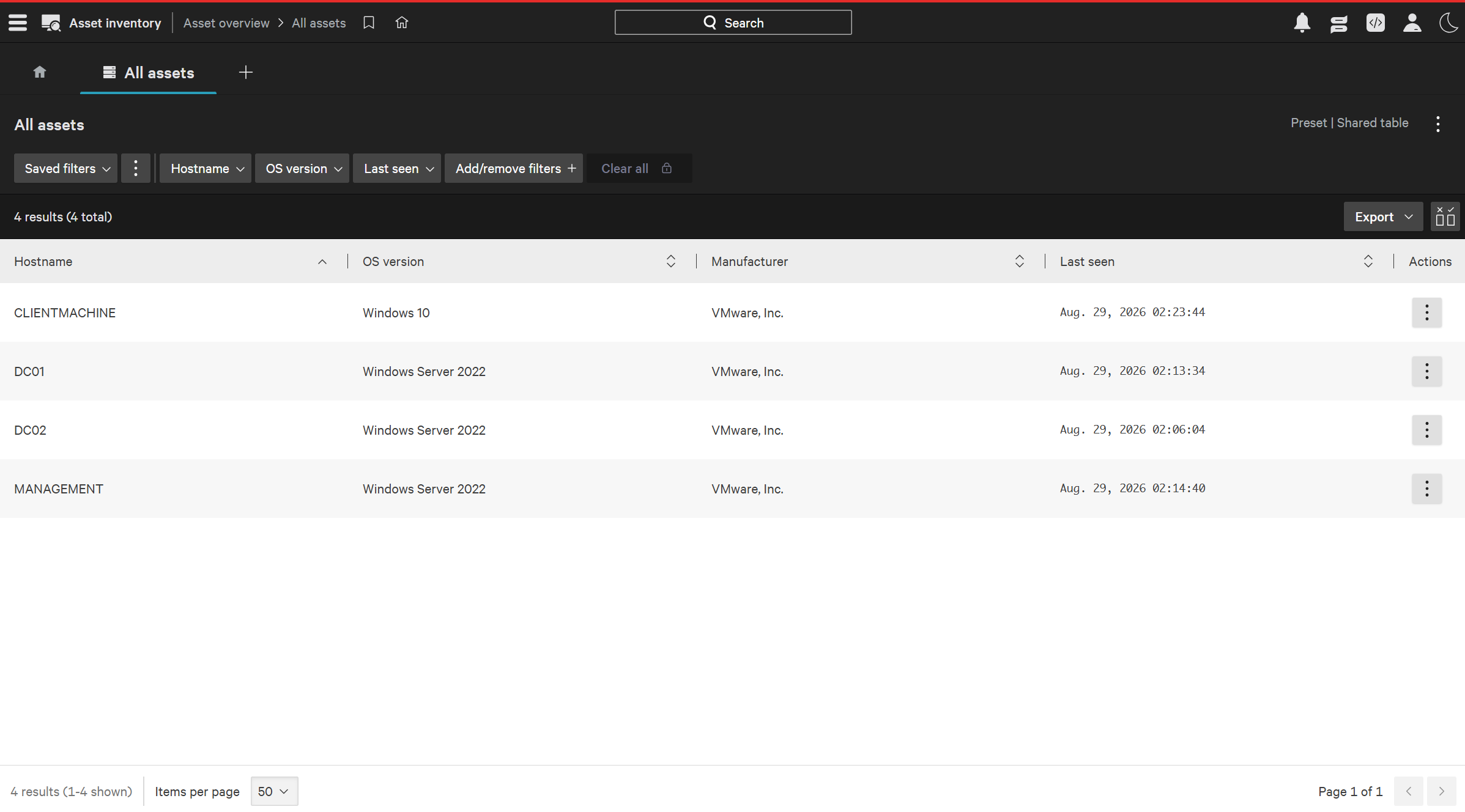 CrowdStrike Falcon asset inventory showing the four Windows systems