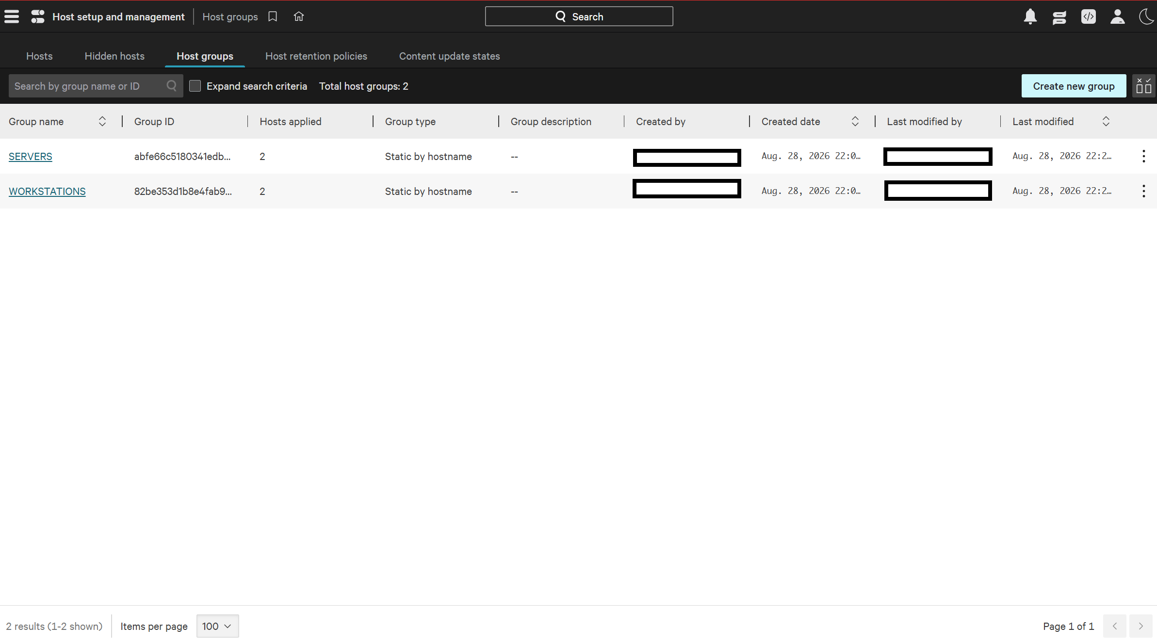 CrowdStrike Falcon host groups showing SERVERS and WORKSTATIONS