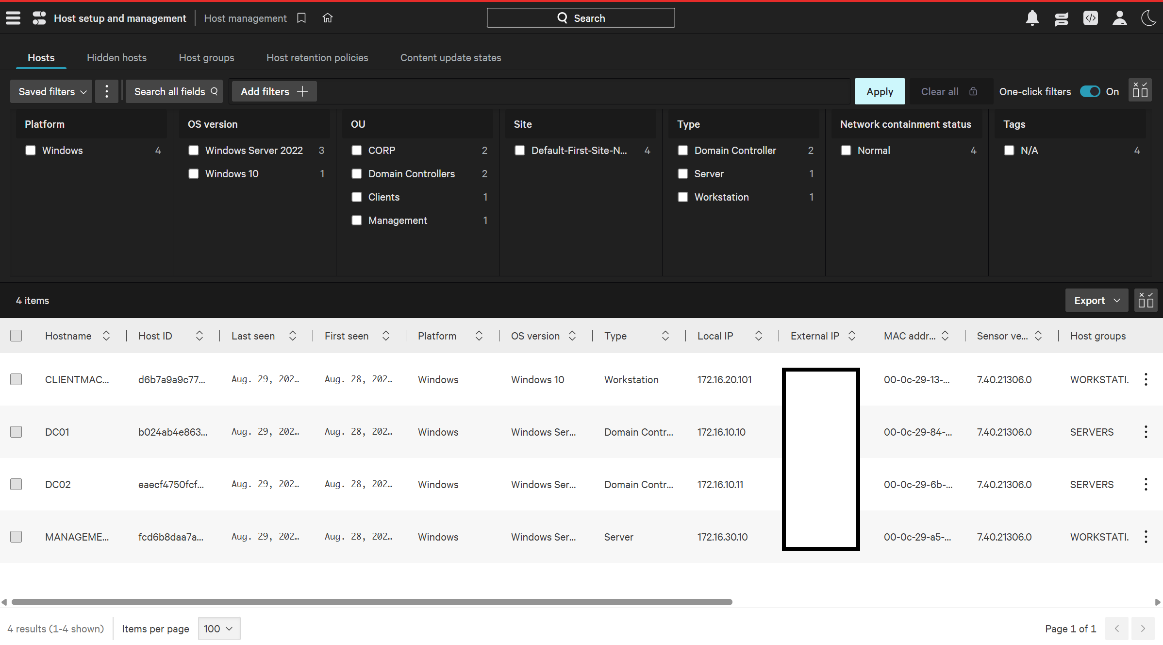 CrowdStrike Falcon host management showing four enrolled Windows endpoints