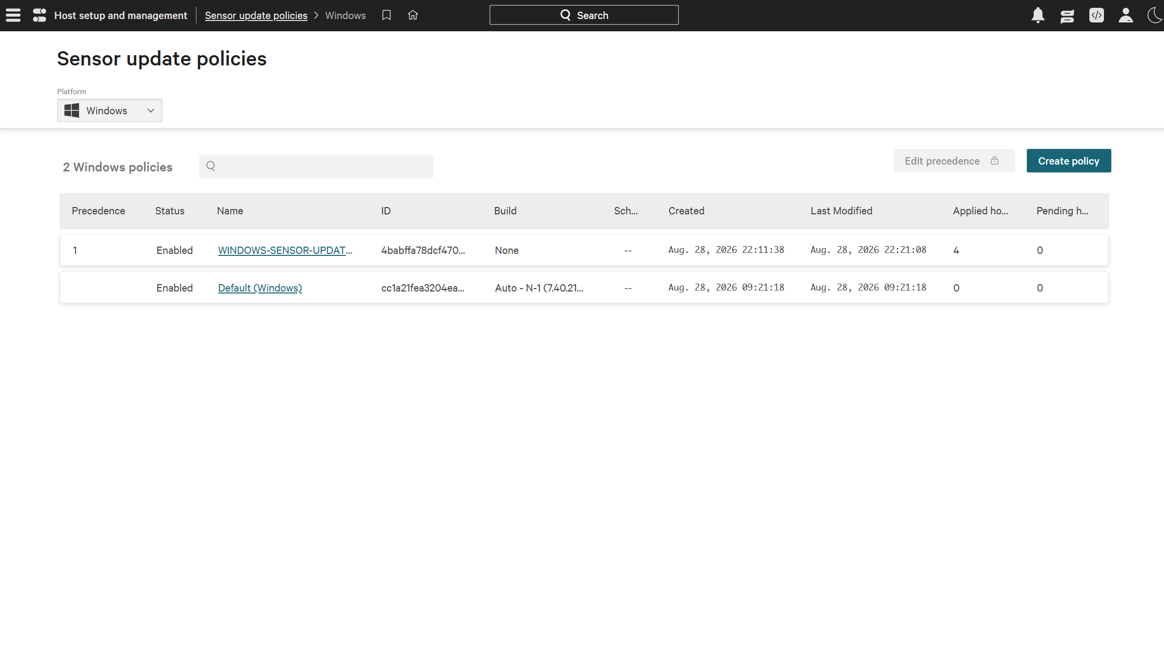 CrowdStrike Falcon sensor update policy applied to four Windows hosts