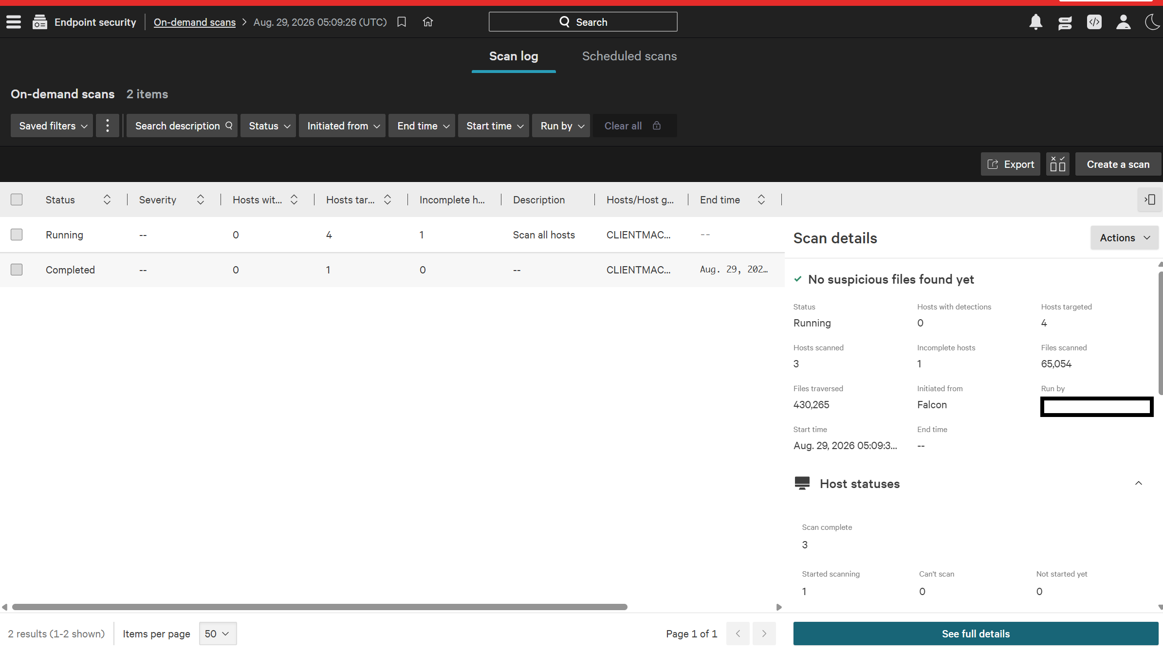 CrowdStrike Falcon on-demand malware scan across four endpoints