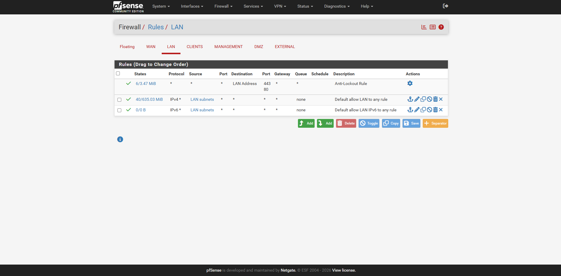 pfSense LAN firewall rules protecting the enterprise server network