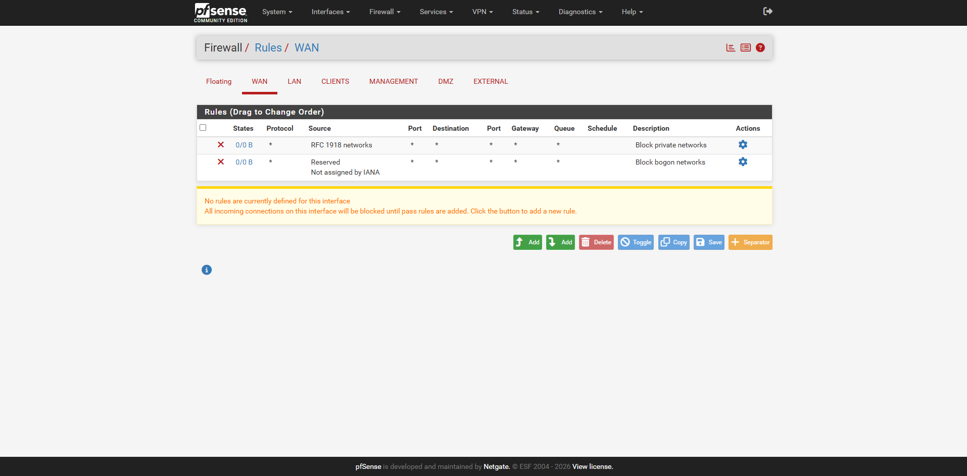 pfSense WAN firewall rules using a default deny inbound security policy