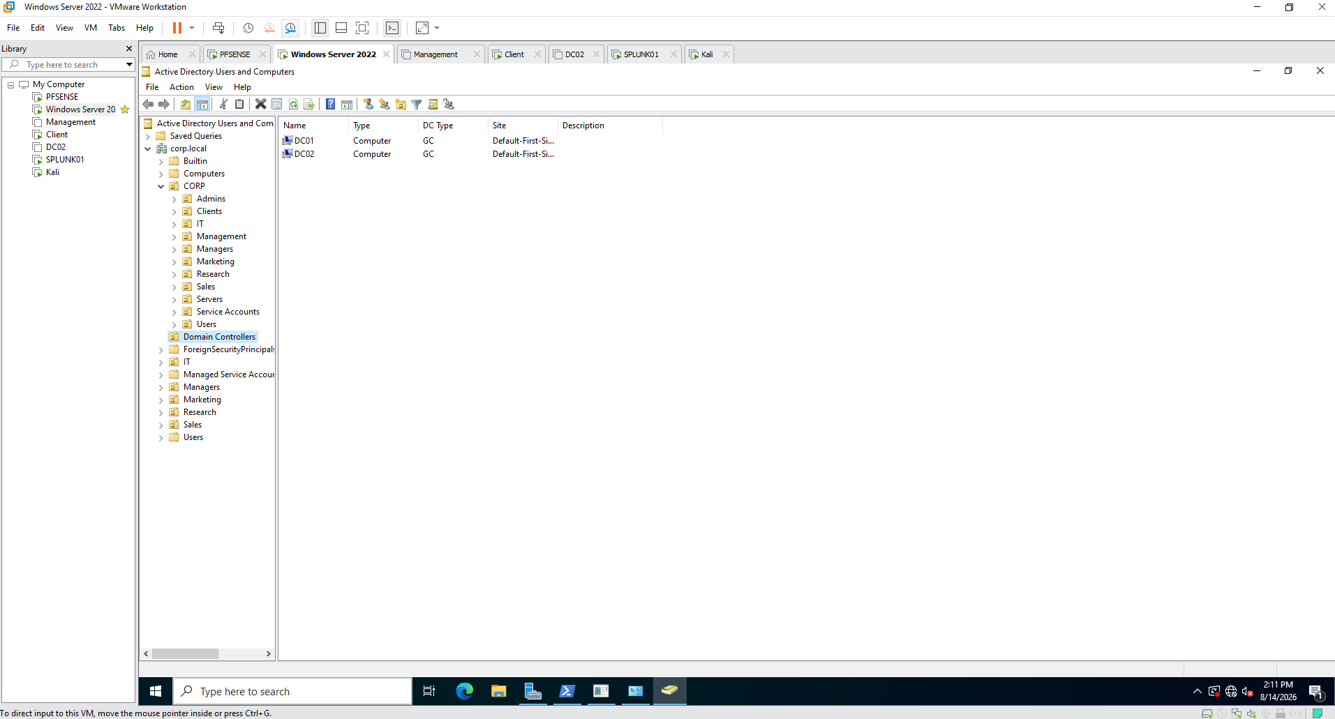 Active Directory Users and Computers organizational unit structure