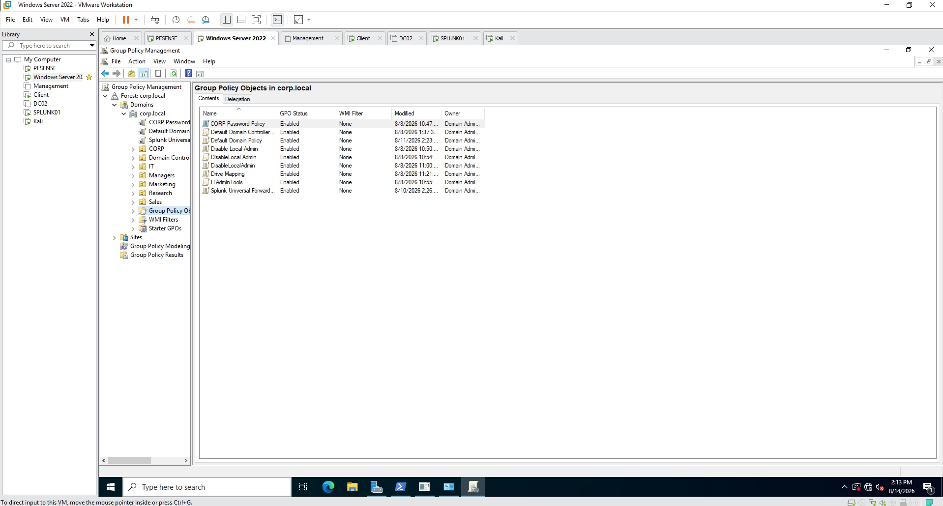 Group Policy Management console showing enterprise GPOs