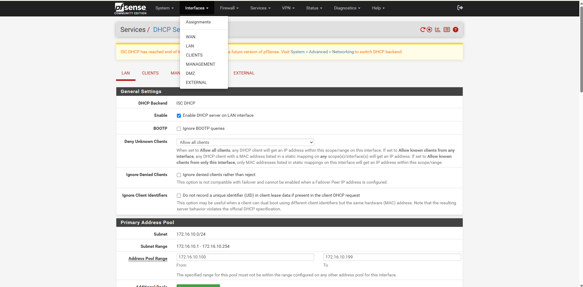 pfSense DHCP interfaces and LAN DHCP configuration