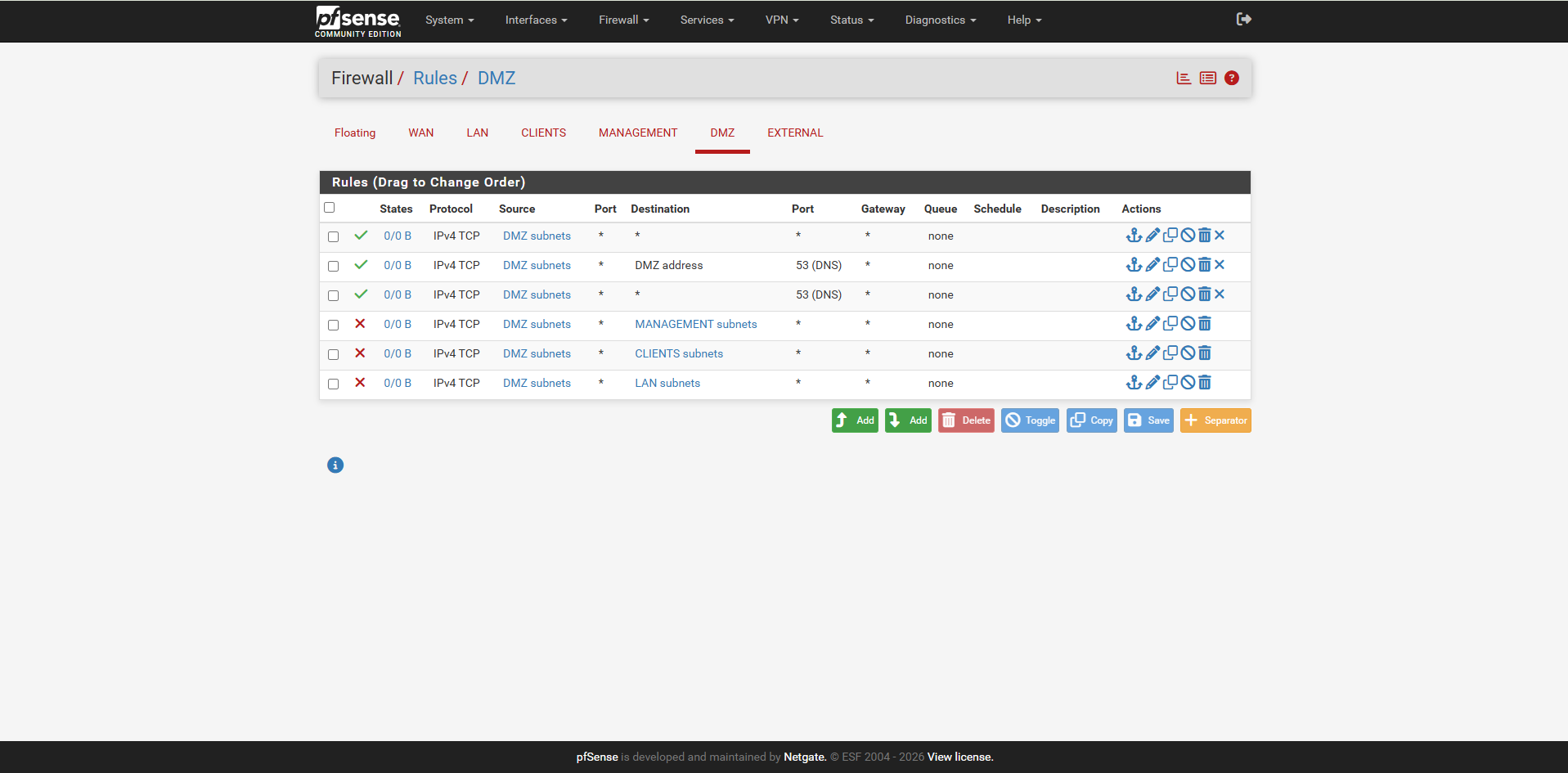 pfSense DMZ firewall rules restricting access to internal networks