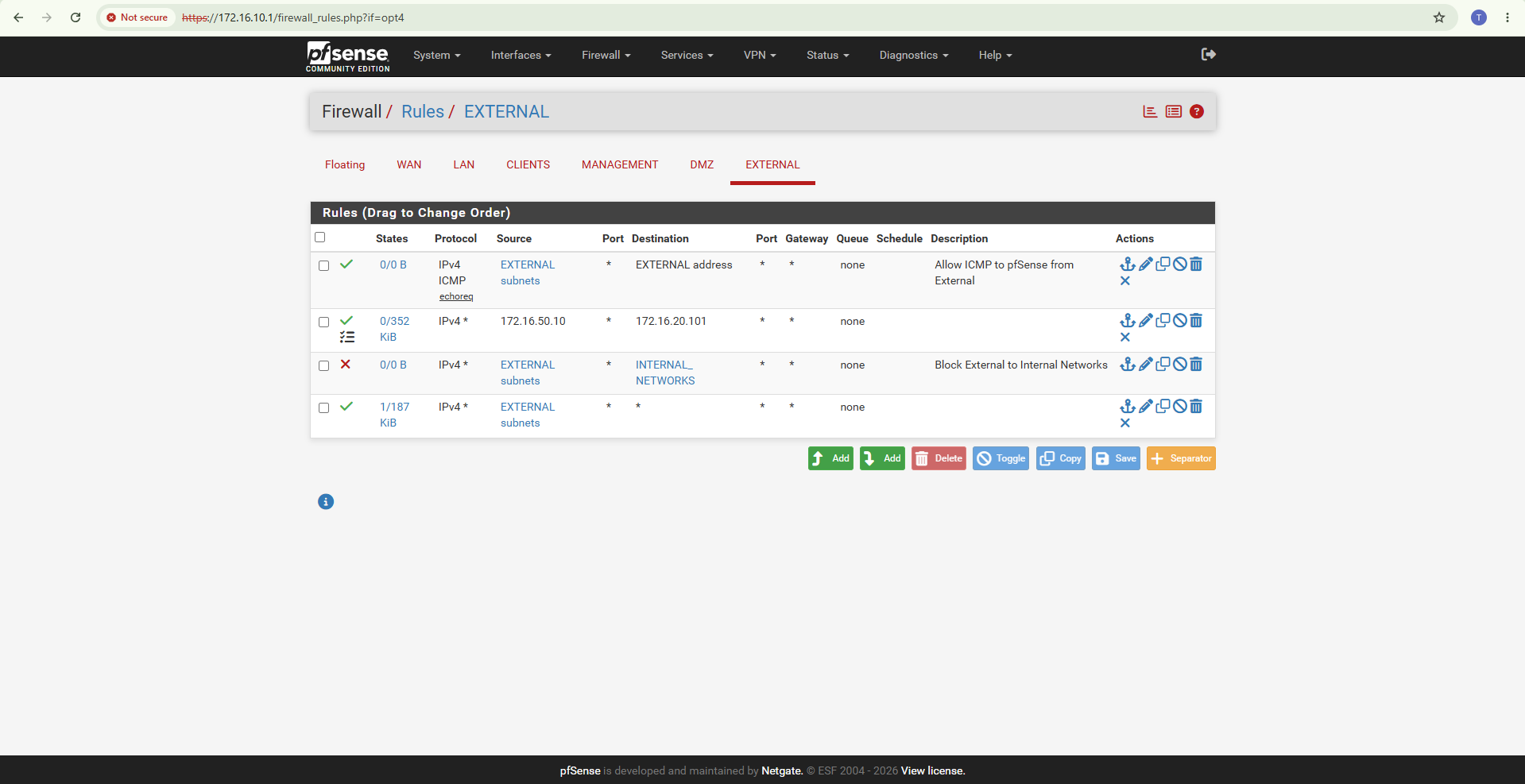 pfSense external network firewall policy controlling Kali Linux access