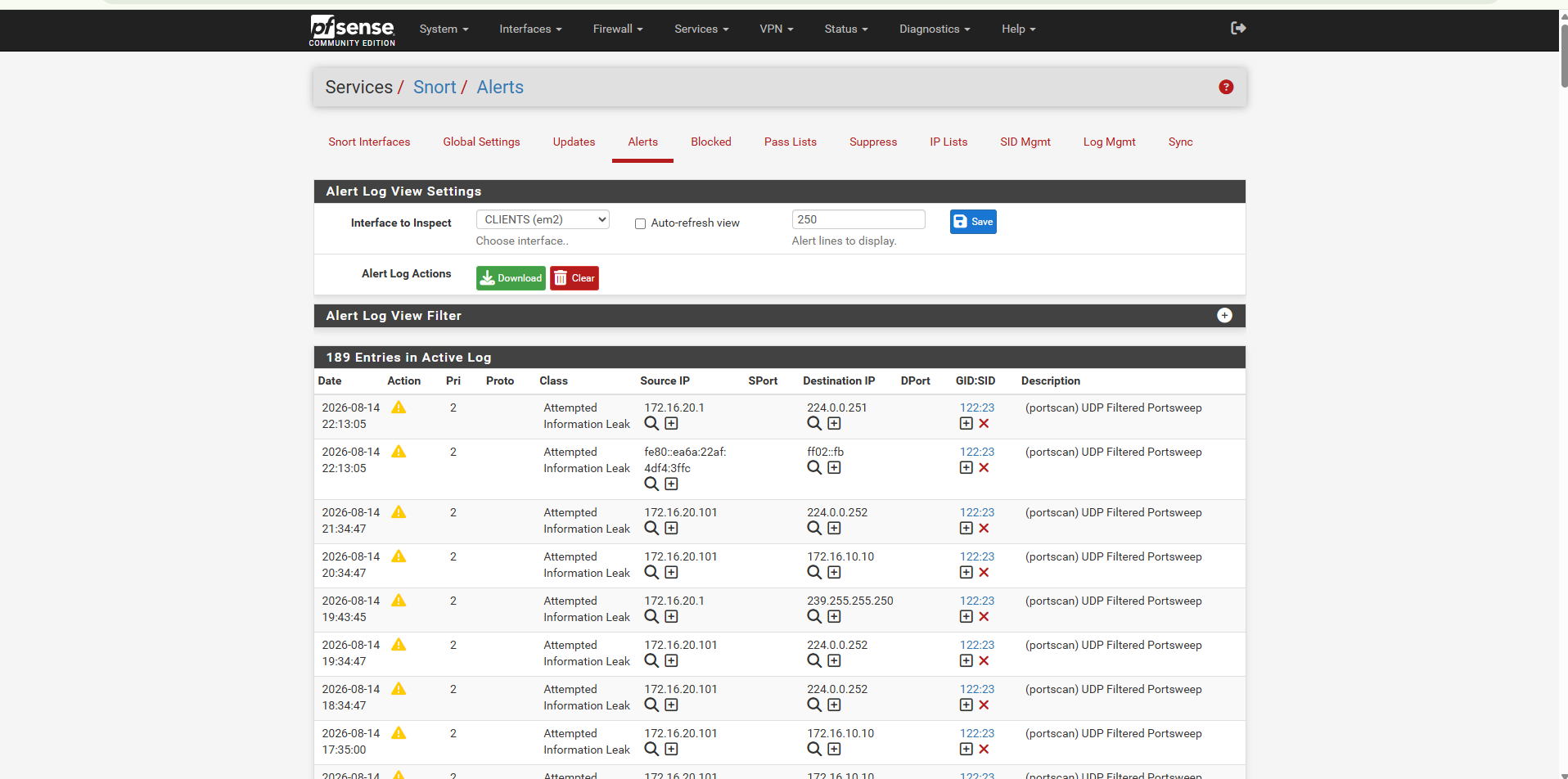 Snort IDS alerts detecting portscan activity