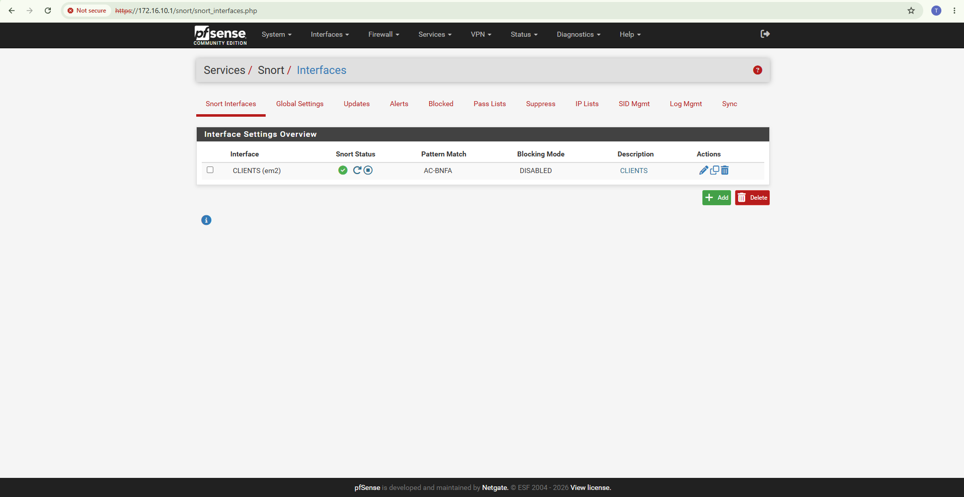 Snort IDS interface running on the clients network