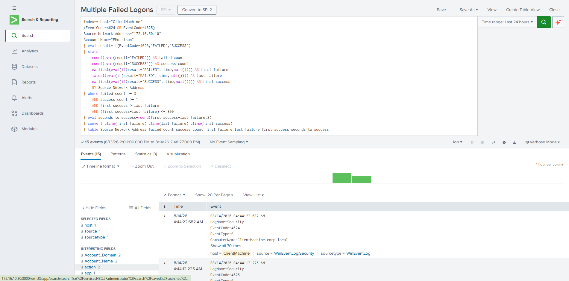 Splunk SPL query detecting multiple failed logons followed by success