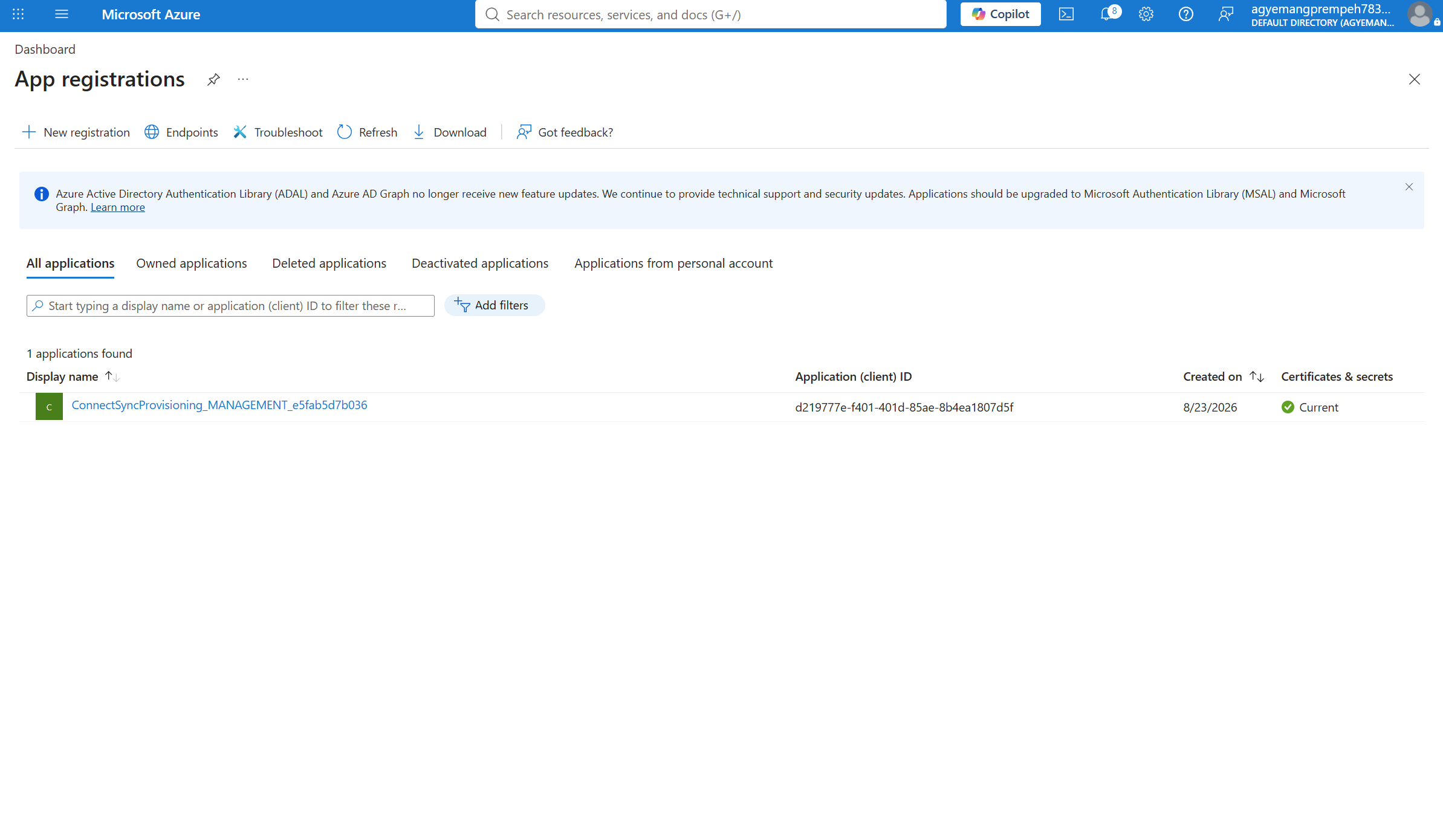 Microsoft Entra Connect application registration