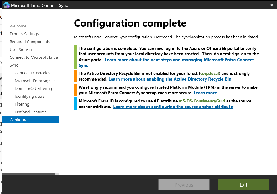 Microsoft Entra Connect configuration completed successfully