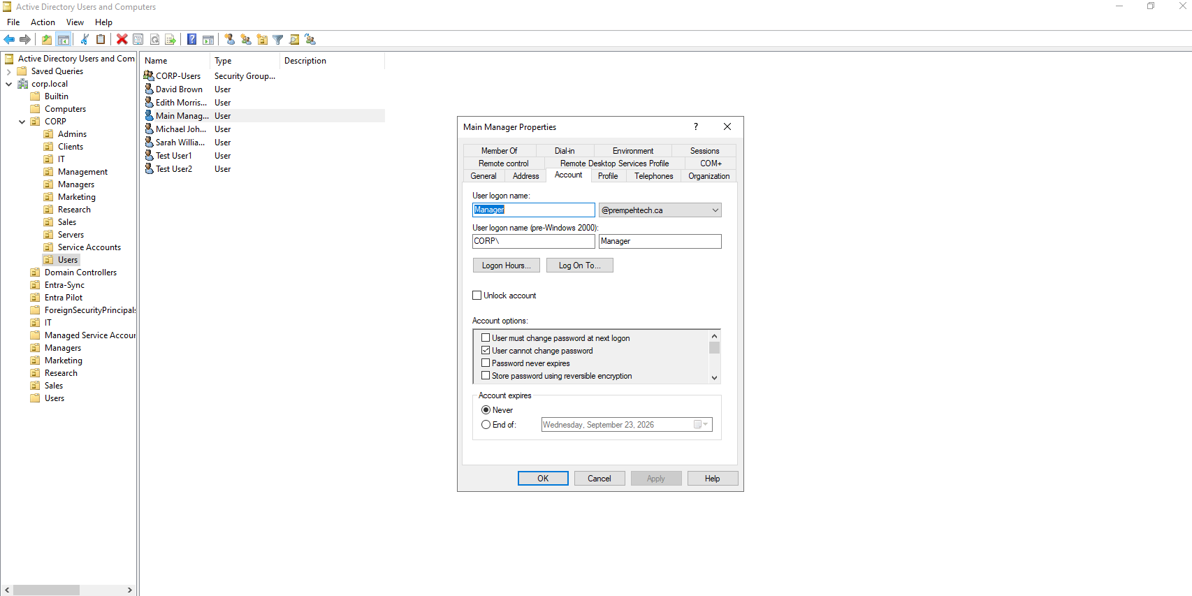 Active Directory user configured with prempehtech.ca UPN