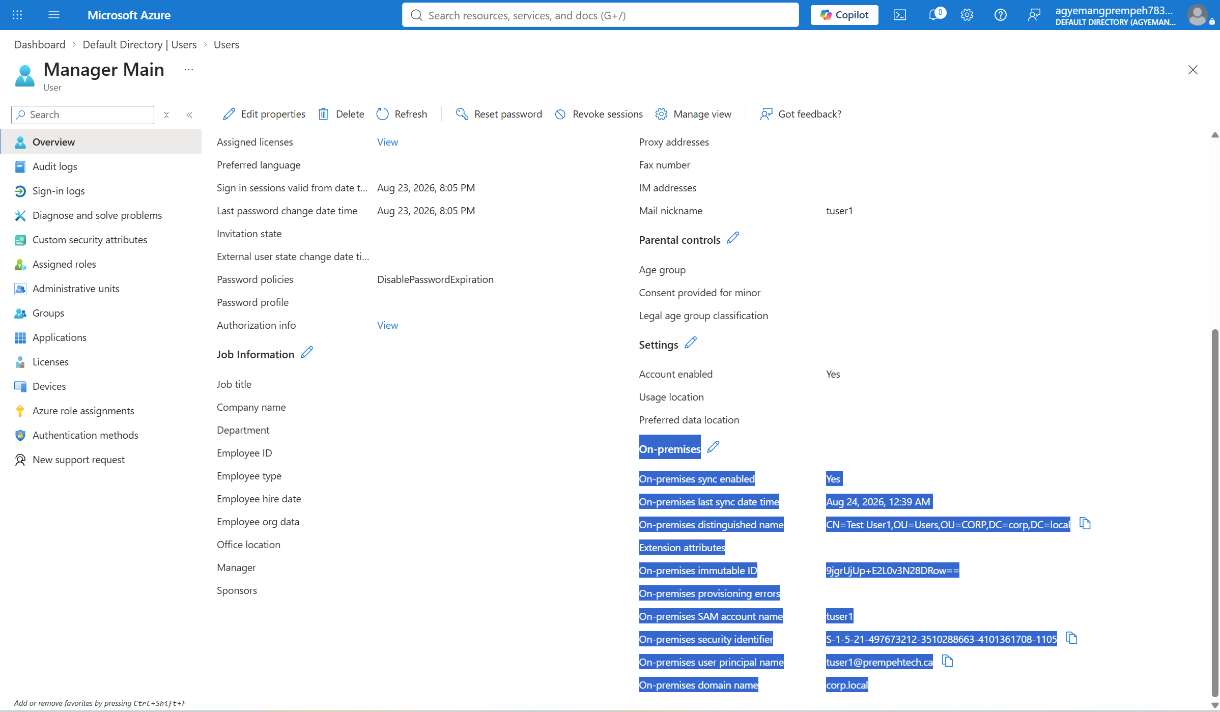 Microsoft Entra synchronized user showing on-premises attributes