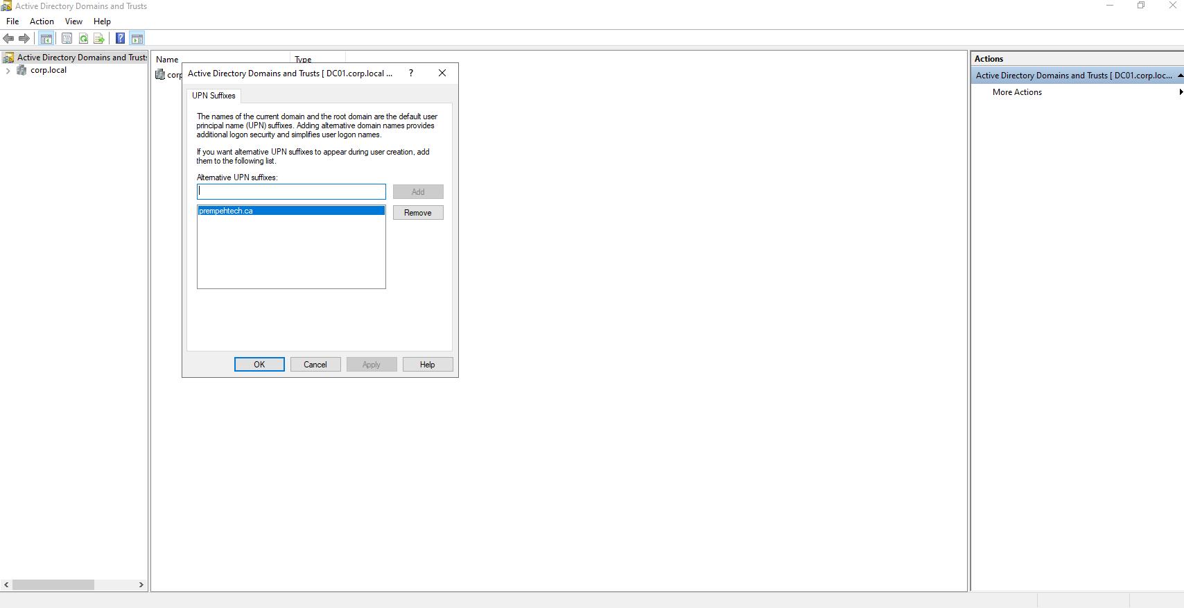 Active Directory Domains and Trusts showing prempehtech.ca as an alternative UPN suffix