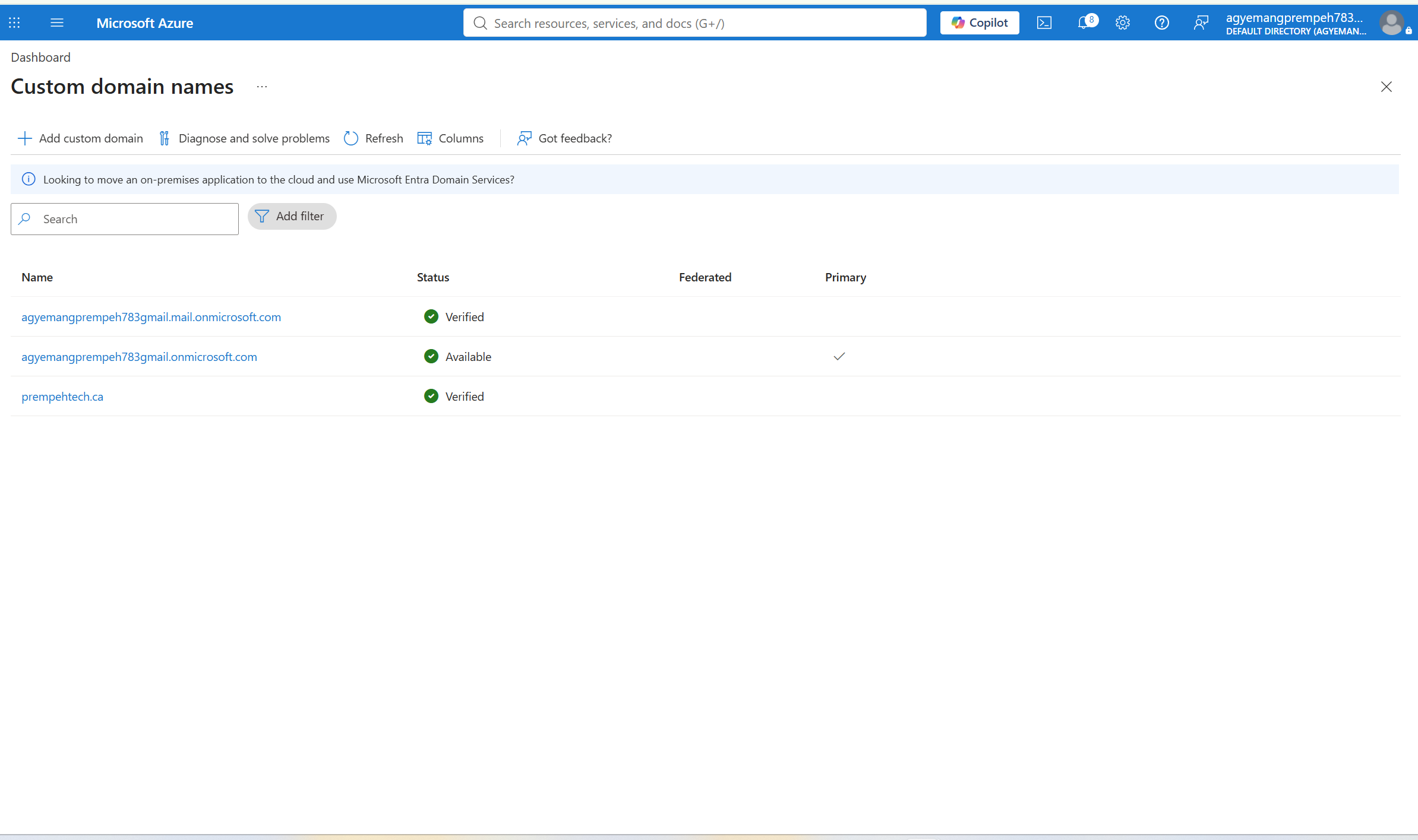 Microsoft Entra ID showing prempehtech.ca as a verified custom domain