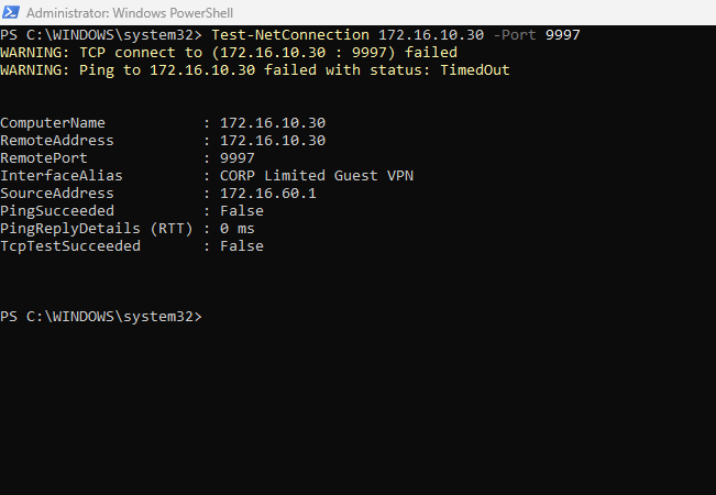 PowerShell Test-NetConnection showing blocked access from VPN client to Splunk port 9997