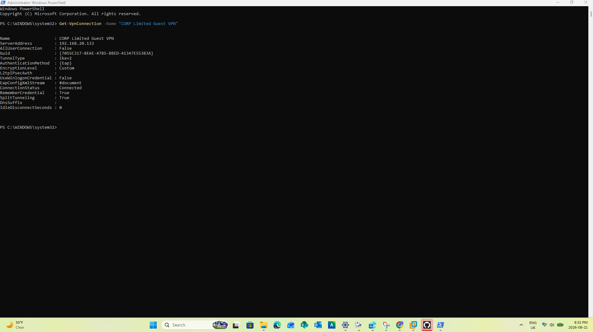 Windows PowerShell showing connected IKEv2 VPN status