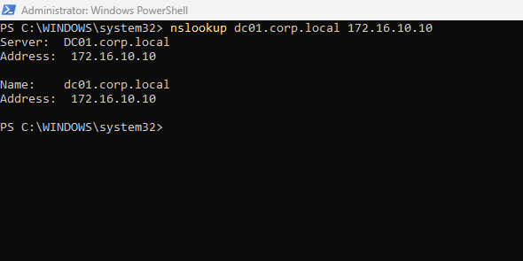 PowerShell nslookup successfully resolving dc01.corp.local through corporate DNS