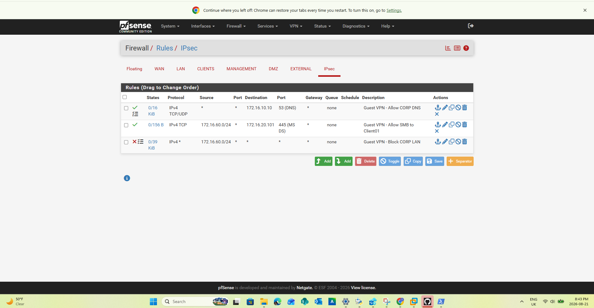 pfSense IPsec firewall rules permitting DNS and SMB and blocking broader internal access