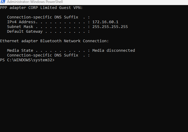 Windows PowerShell showing VPN client IP assignment 172.16.60.1