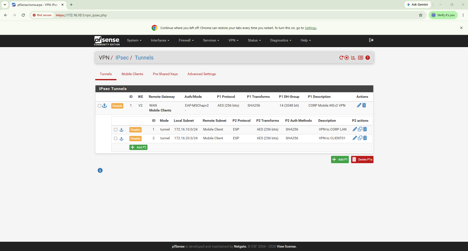 pfSense IKEv2 and IPsec tunnel configuration