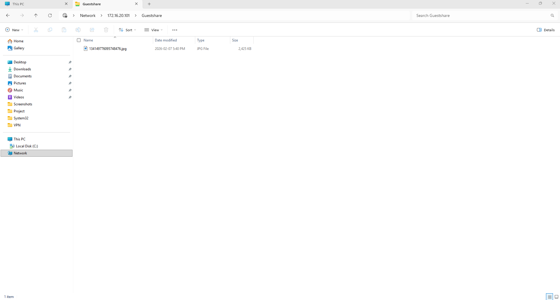 Windows File Explorer showing successful access to approved remote SMB guest share